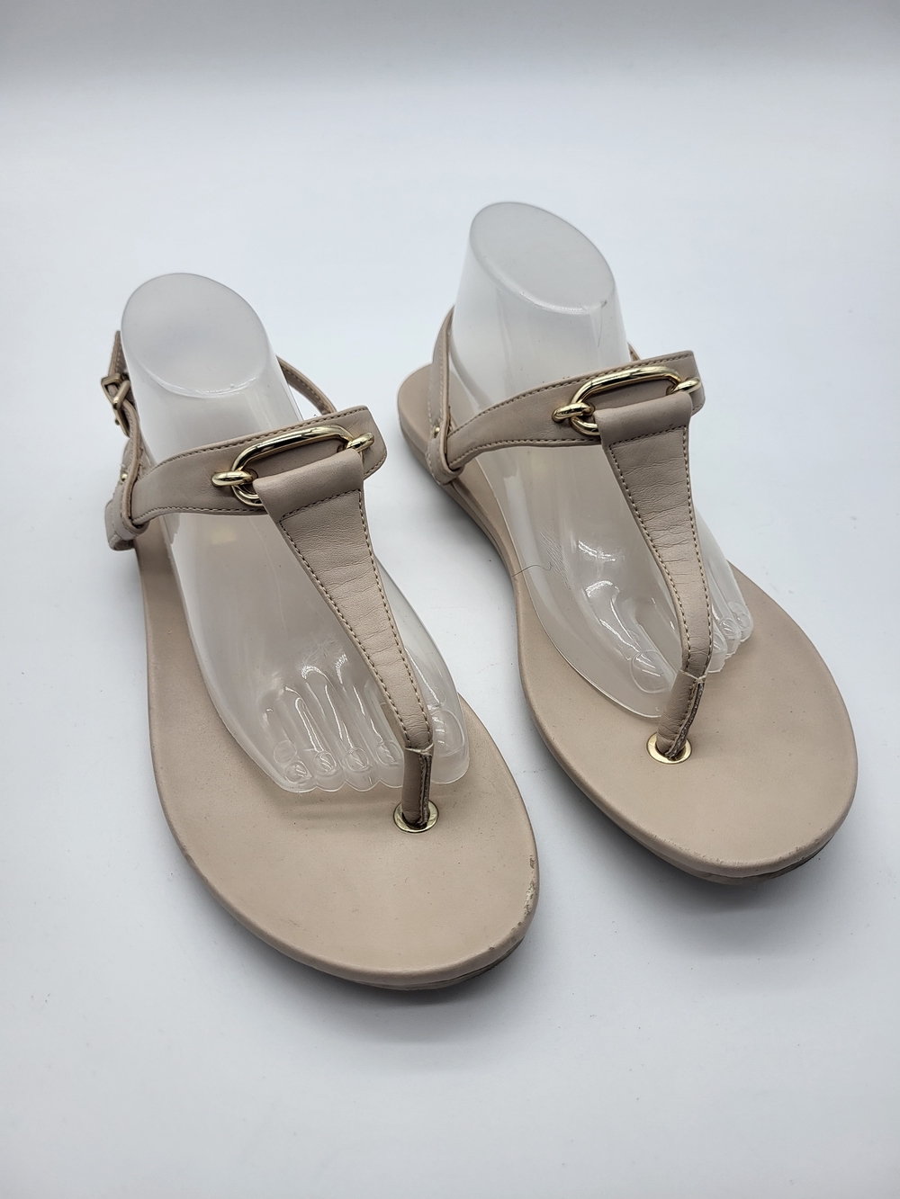Aldo Tan T-Strap Sandals with Gold Buckle Detail 7.5
